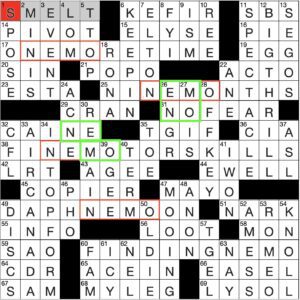 Filled in crossword grid for ClassiCanadian Crosswords 03 September 2025. Hidden "NEMOs' are highlighted in red outline, with additional ones highlighted in green outline