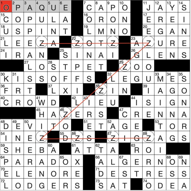 Filled in crossword grid for ClassiCanadian Crosswords 26 November 2025. Al the squares with the letter Z are circled and connected by a red line, showing the shape of a large letter Z