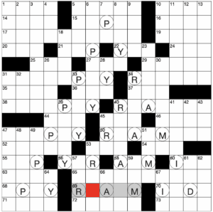 Partially filled crossword grid with a pyramid pattern