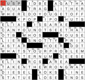 Filled in crossword grid for ClassiCanadian Crosswords 13 September 2023