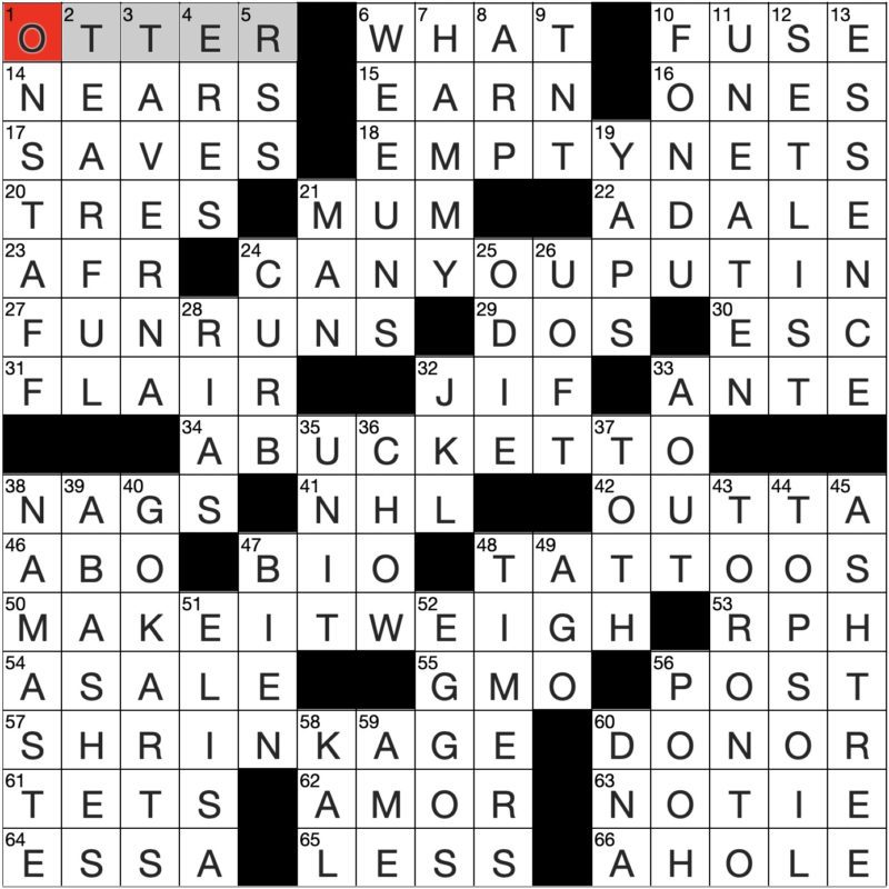 Filled in crossword grid for ClassiCanadian Crosswords 11 October 2023