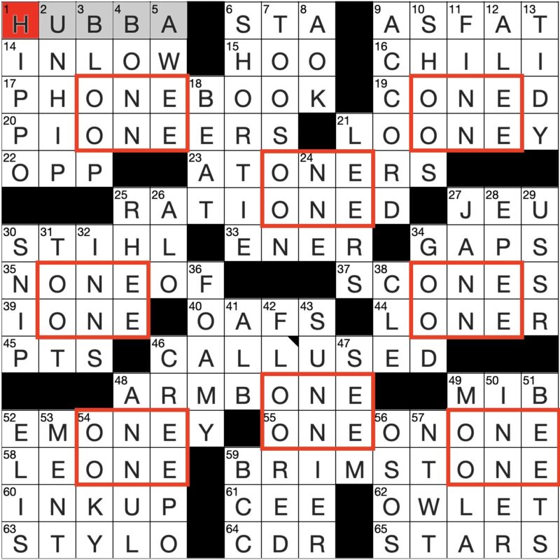 Filled in crossword grid for ClassiCanadian Crosswords 27 December 2023 with entries highlighted that have ONE over ONE in the grid