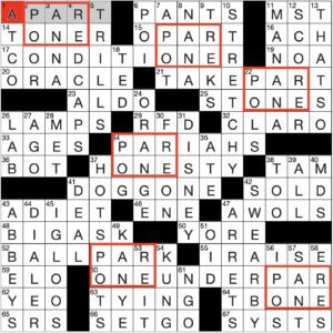 Filled in crossword grid for ClassiCanadian Crosswords 17 January 2024 with entries highlighted that have ONE under PAR in the grid