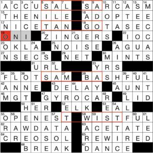 Filled in crossword grid for ClassiCanadian Crosswords 16 October 2024 with theme entries highlighted with red boxes