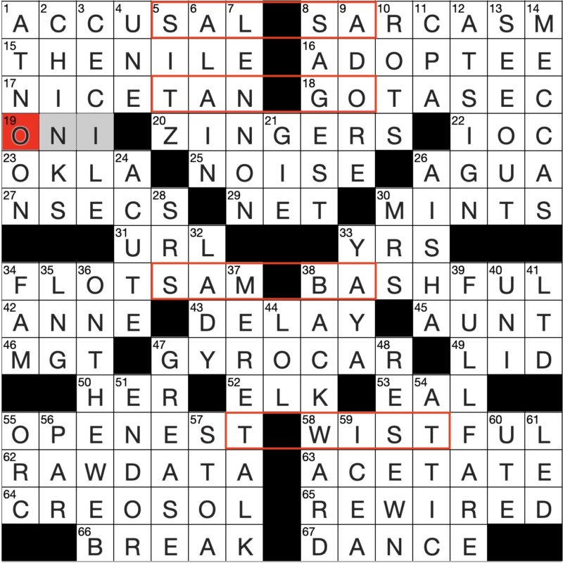 Filled in crossword grid for ClassiCanadian Crosswords 16 October 2024 with theme entries highlighted with red boxes