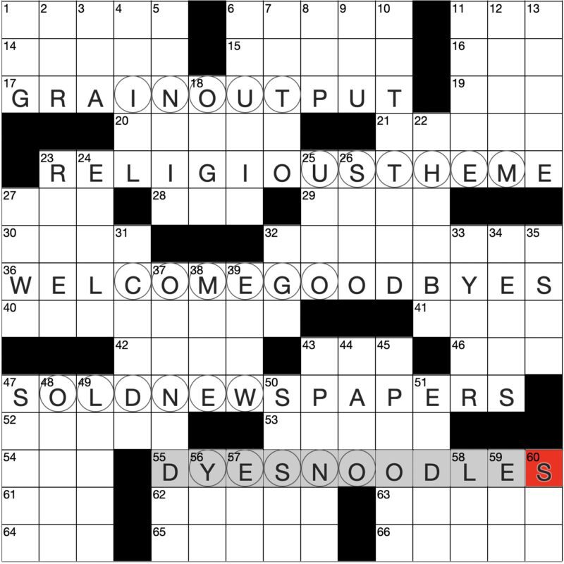 ClassiCanadian Crosswords grid for 29 January 2025 with the themers filled in and circled letters shown