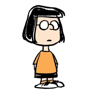 "Peanuts" character Marcie, a young girl with dark hair, wearing an orange shirt and a dark skirt, and spectacles